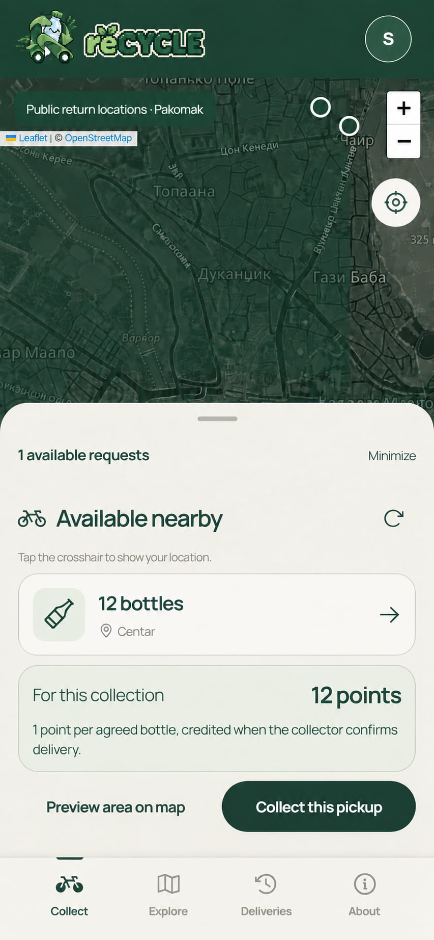 The collector's map of Skopje, with a pickup of twelve bottles waiting in Centar