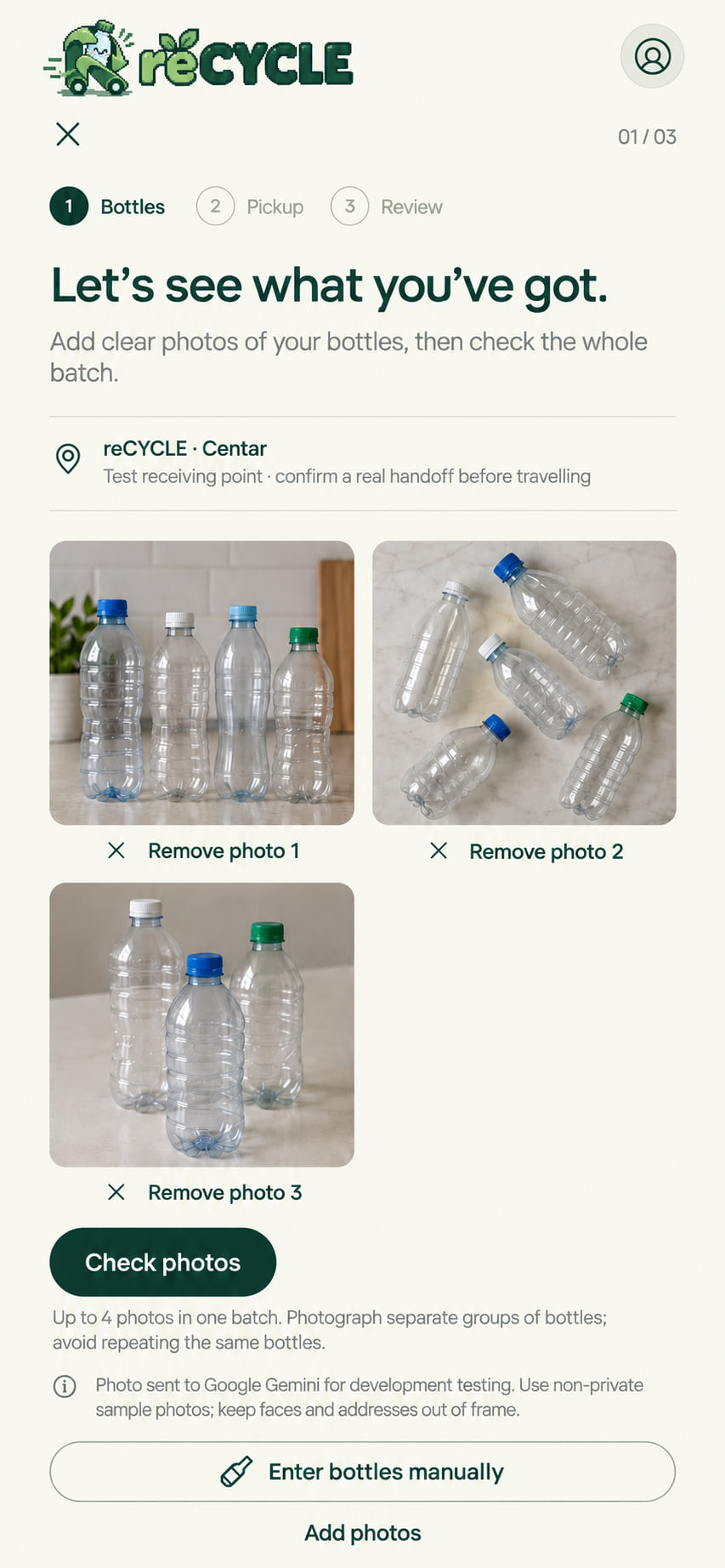 reCYCLE's first step: three photographs of plastic bottles, ready to be checked