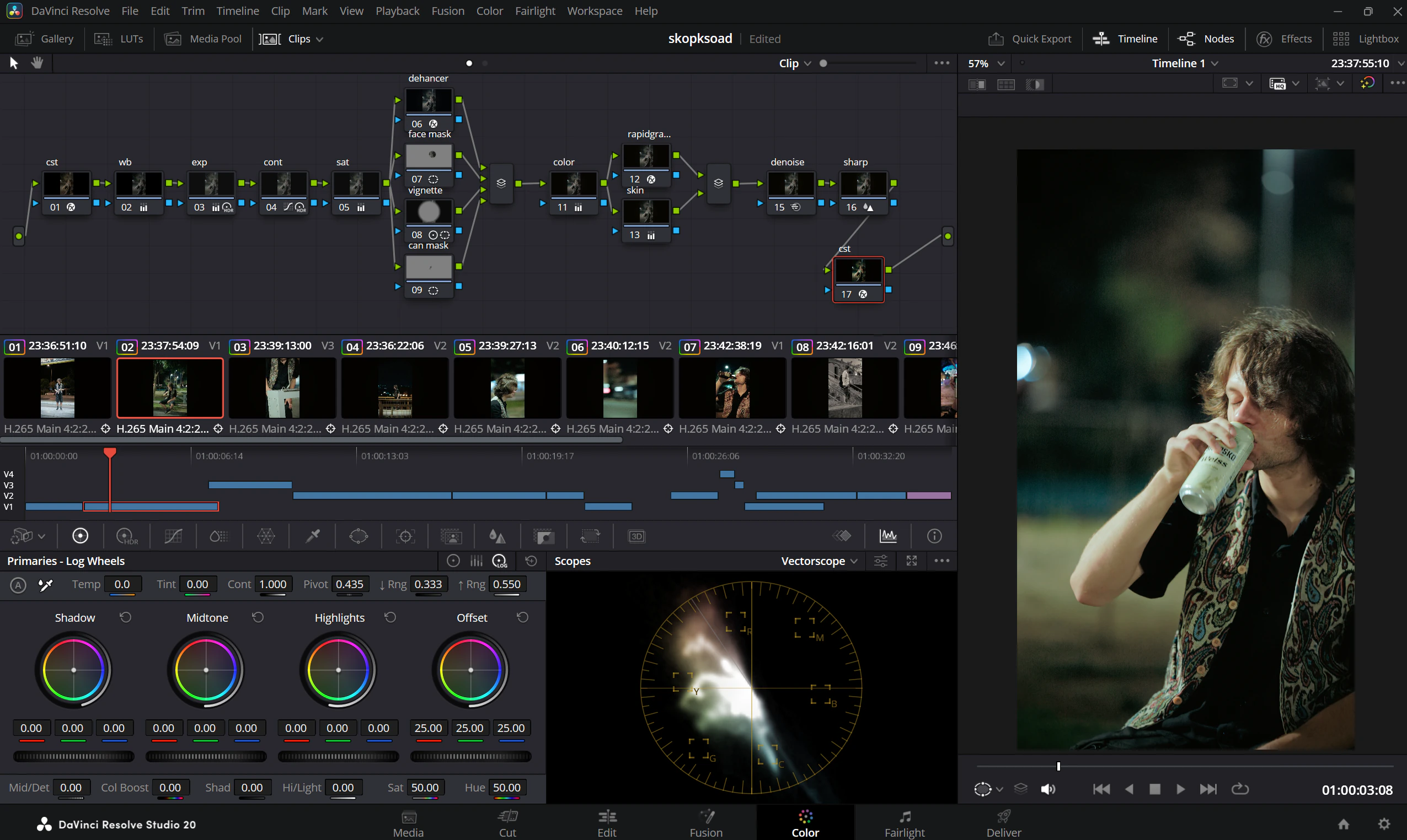 DaVinci Resolve color grading workspace with node graph, color wheels and viewer