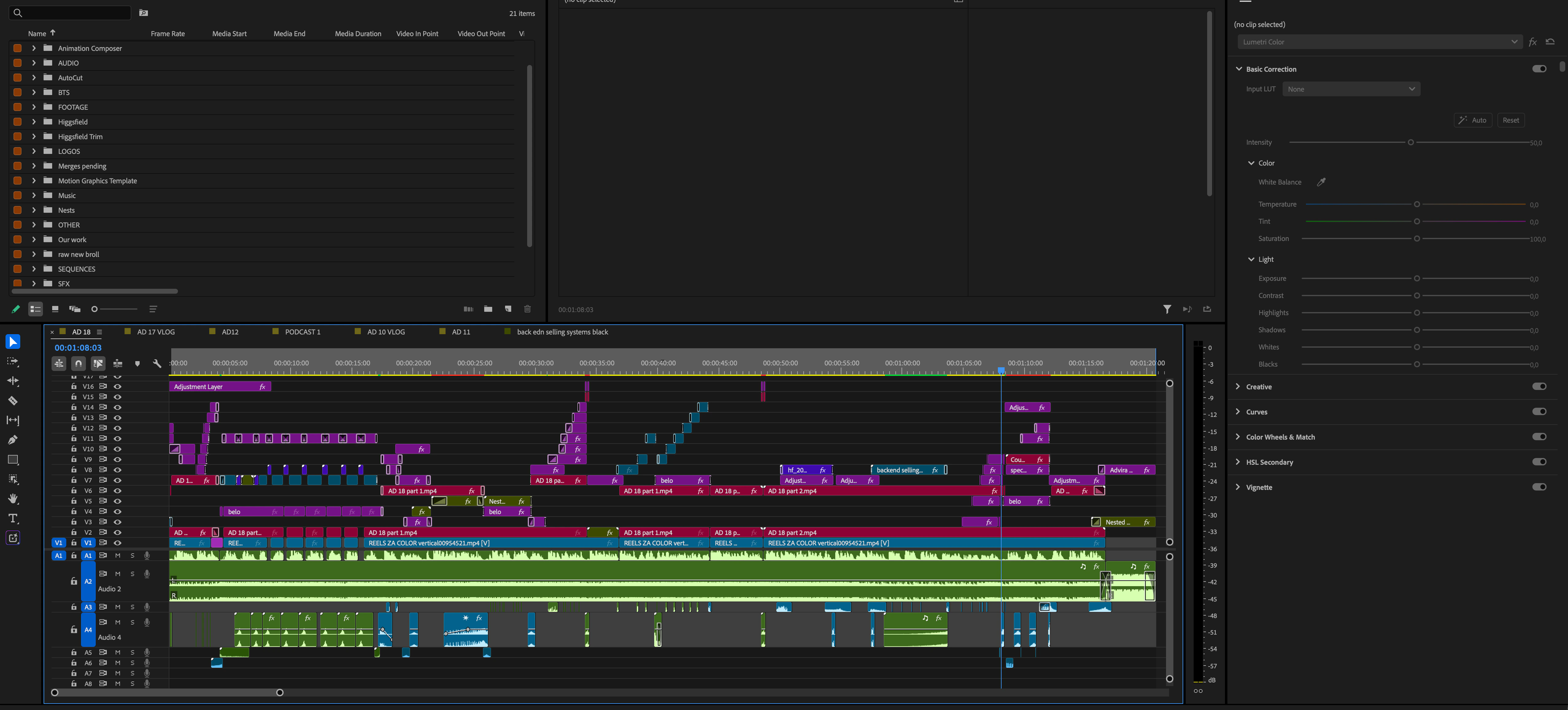 Adobe Premiere Pro editing workspace with a multitrack timeline and color correction panel